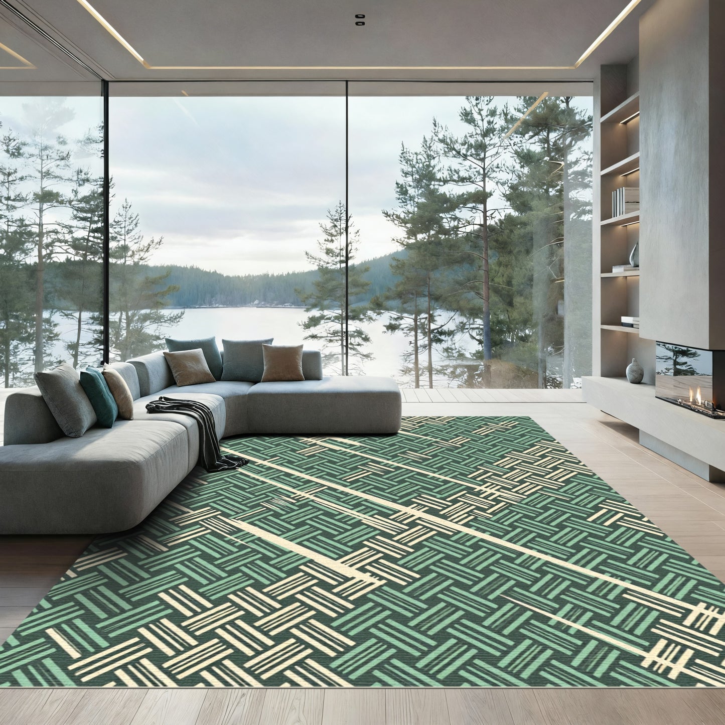 Sage Green Woven Geometric Lattice Rug