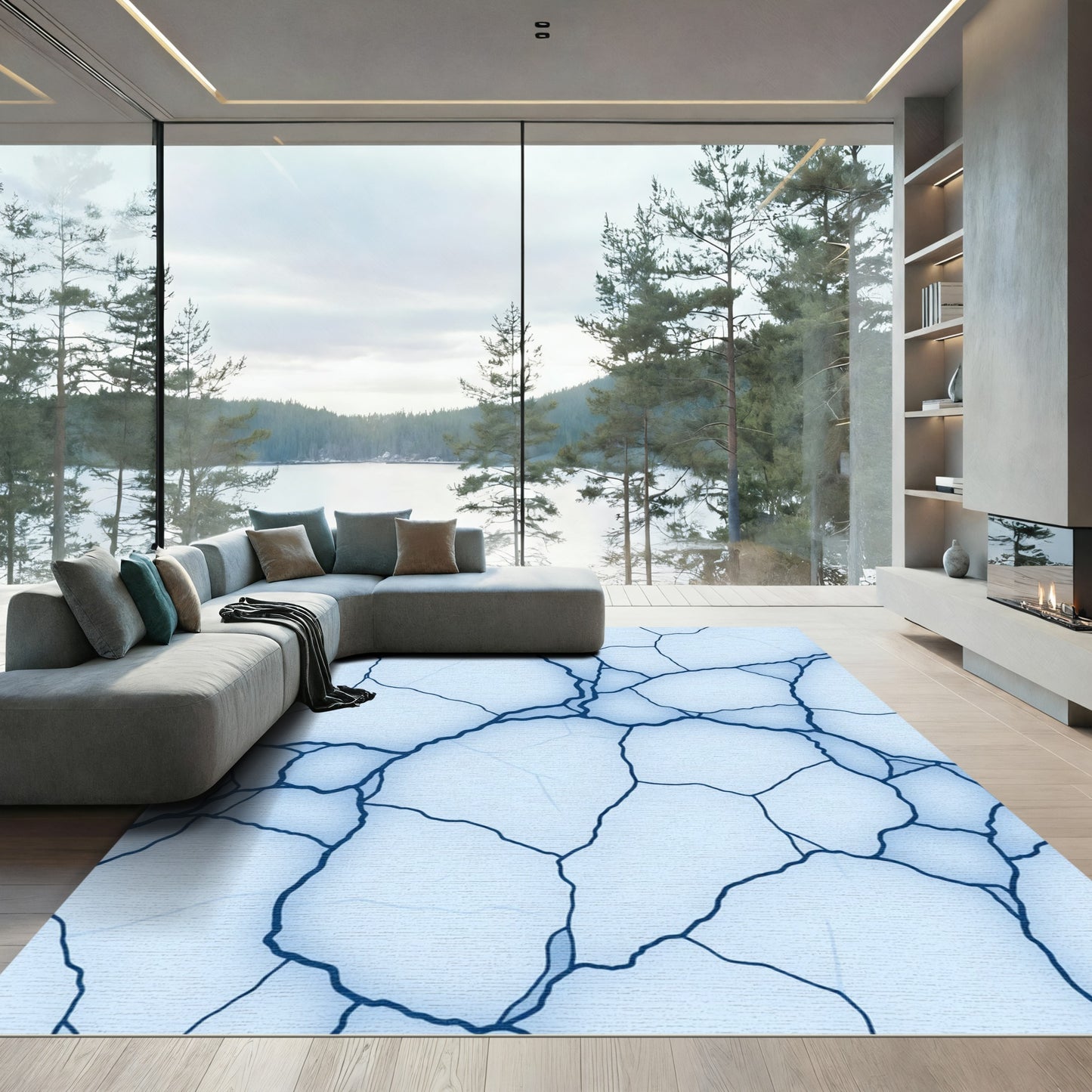 Cracked Light Blue Abstract Marble Rug