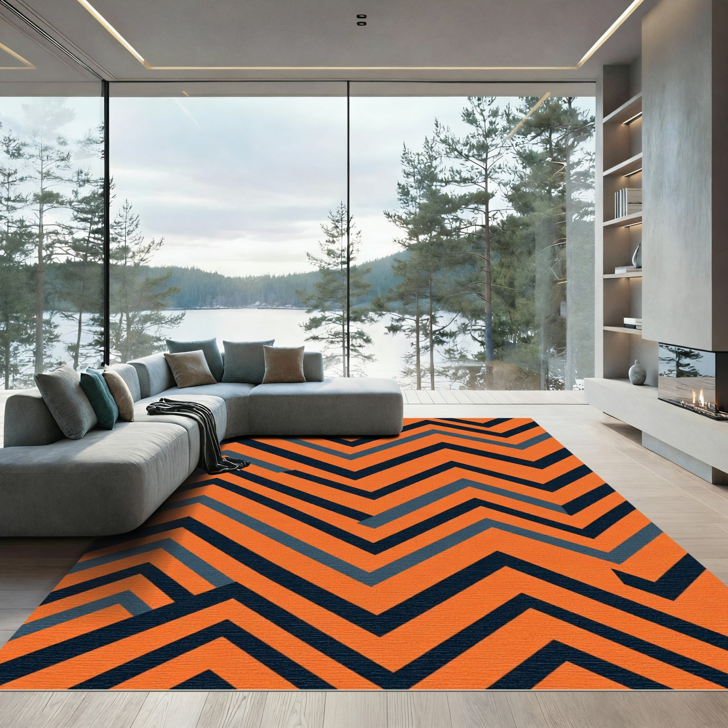 Vibrant Orange Blue Chevron Lines Rug