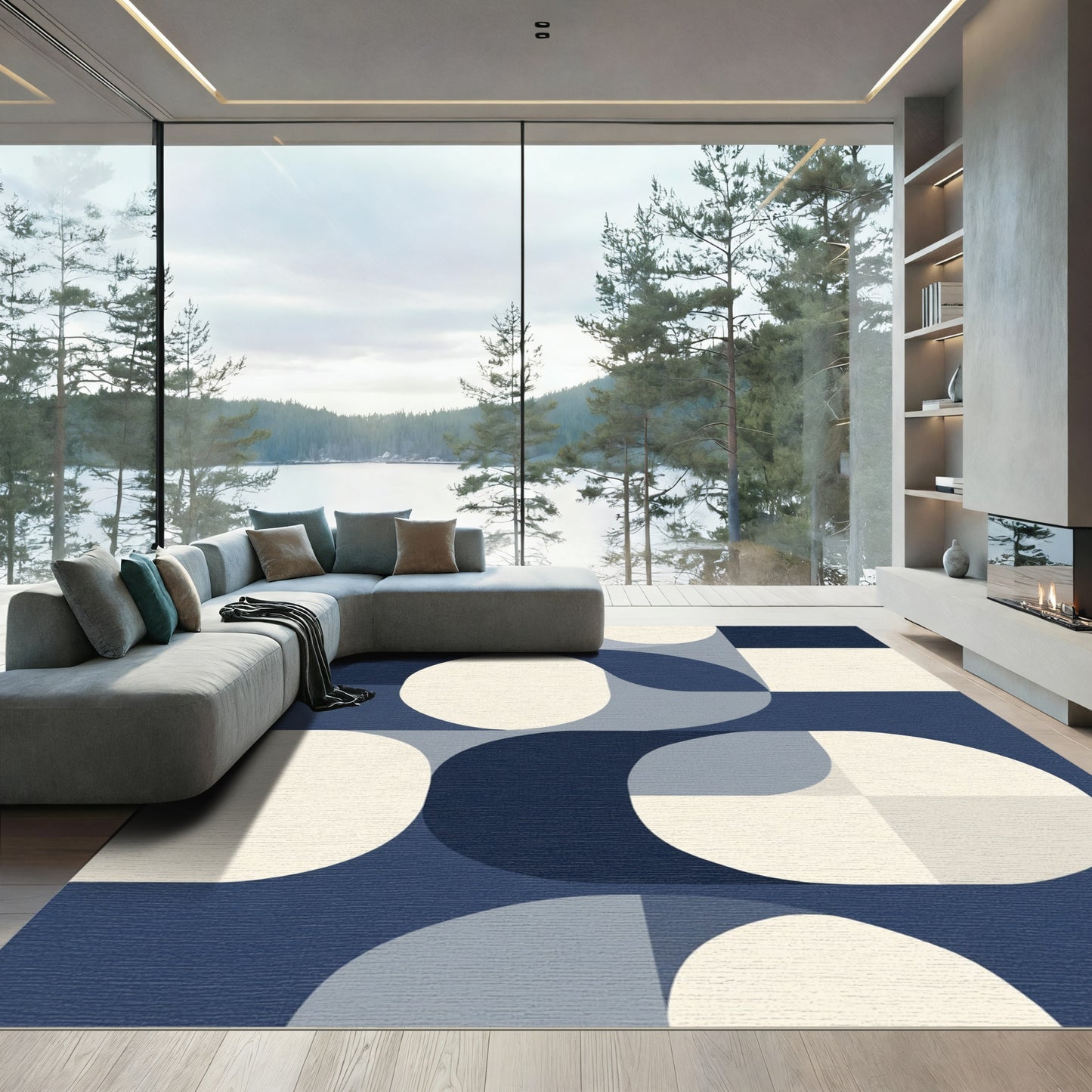 Navy Blue Geometric Abstract Circles Rug