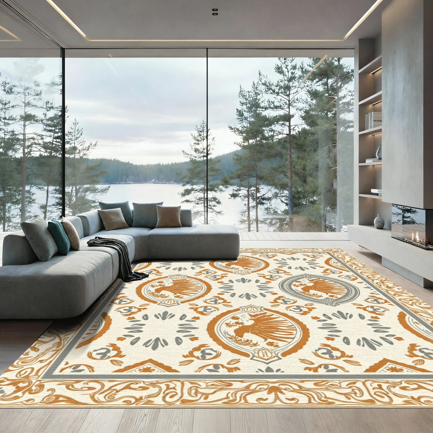 Orange Phoenix Oval Frame Cream Rug