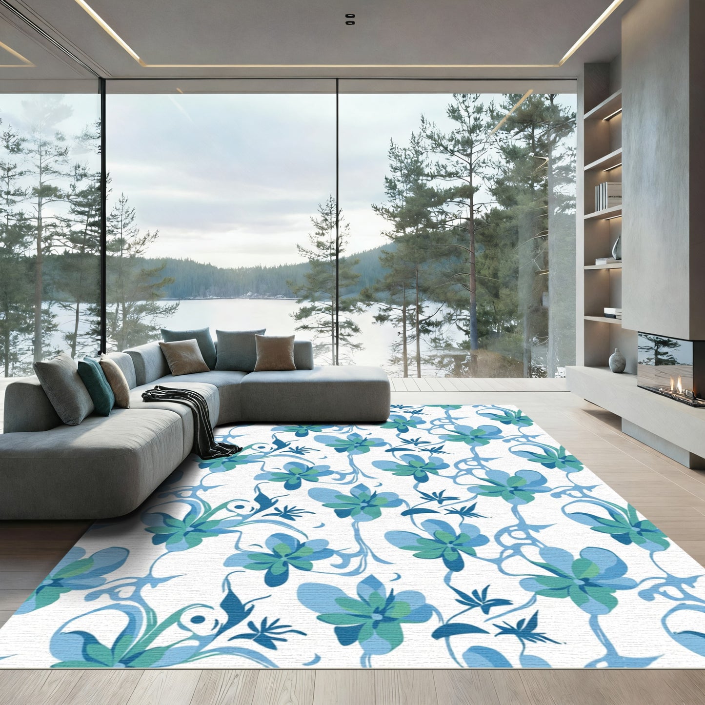 Aqua Teal Floral Swirl Pattern Rug