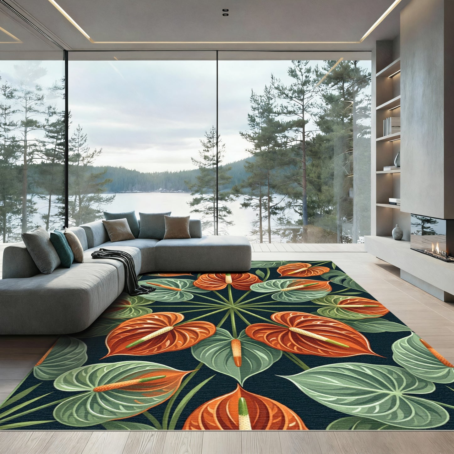 Symmetrical Orange Anthurium Tropical Botanical Round Rug