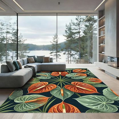 Symmetrical Orange Anthurium Tropical Botanical Round Rug