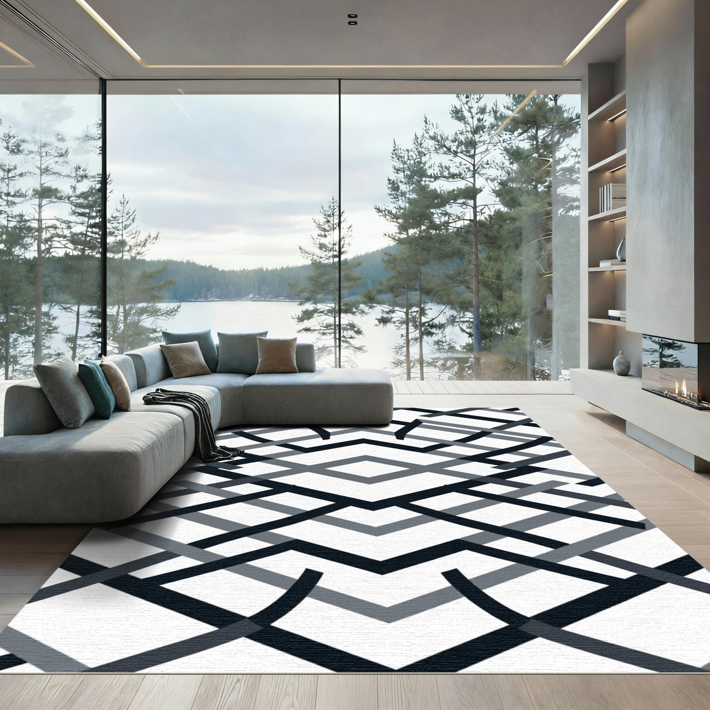 Monochrome Geometric Lattice Weave Rug
