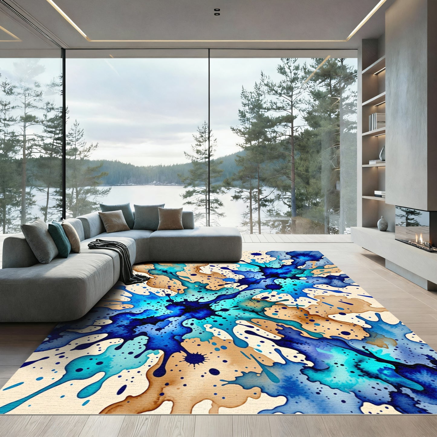 Vibrant Blue Ink Splash Abstract Art Rug