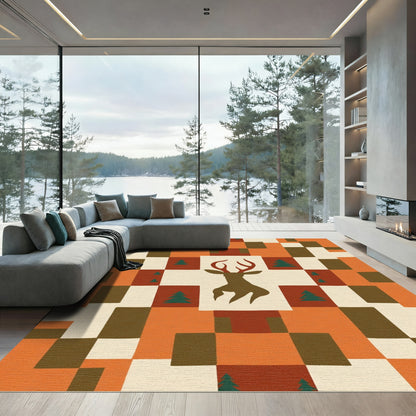 Rustic Deer Forest Quilted Orange Rug