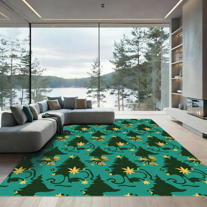 Dark Teal Festive Evergreen Tree Garland Rug