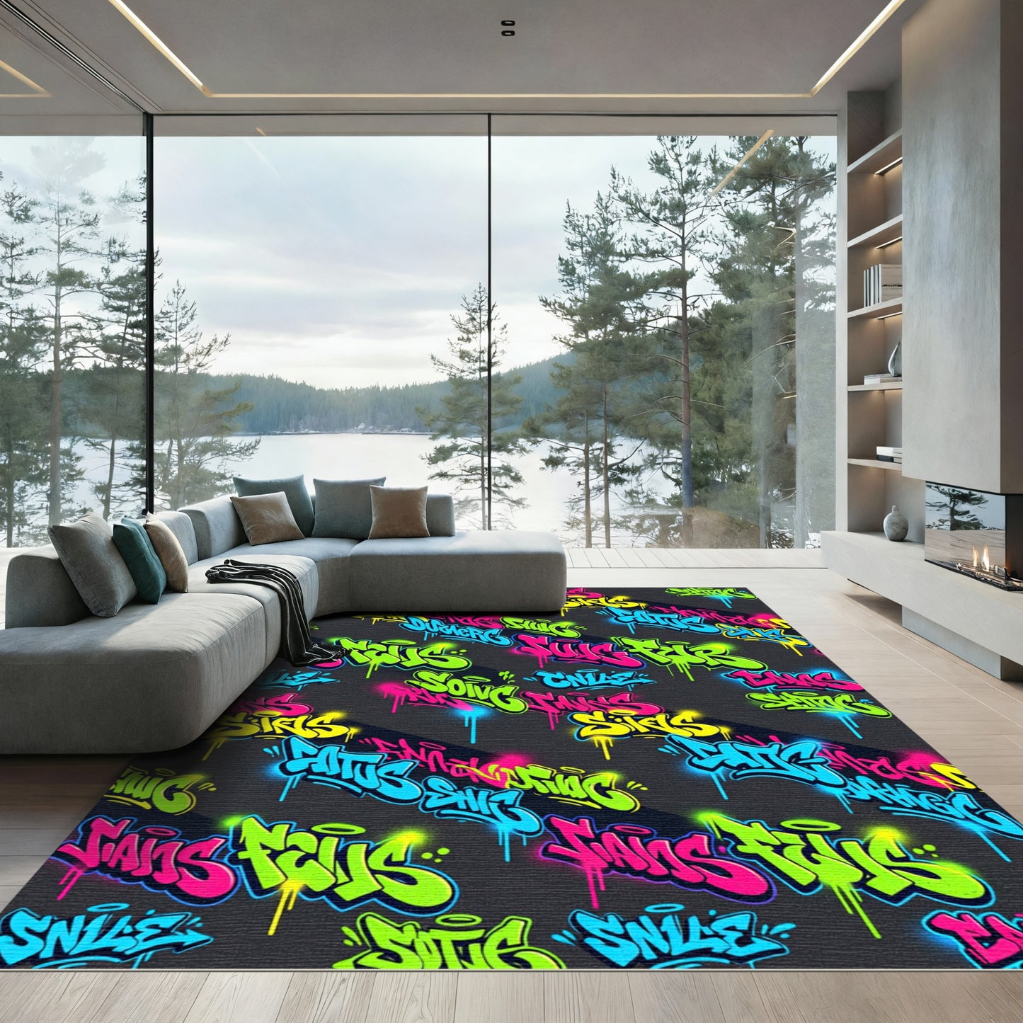Vibrant Neon Graffiti Street Art Rug