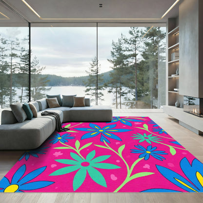 Vibrant Blue Floral Garden Background Rug