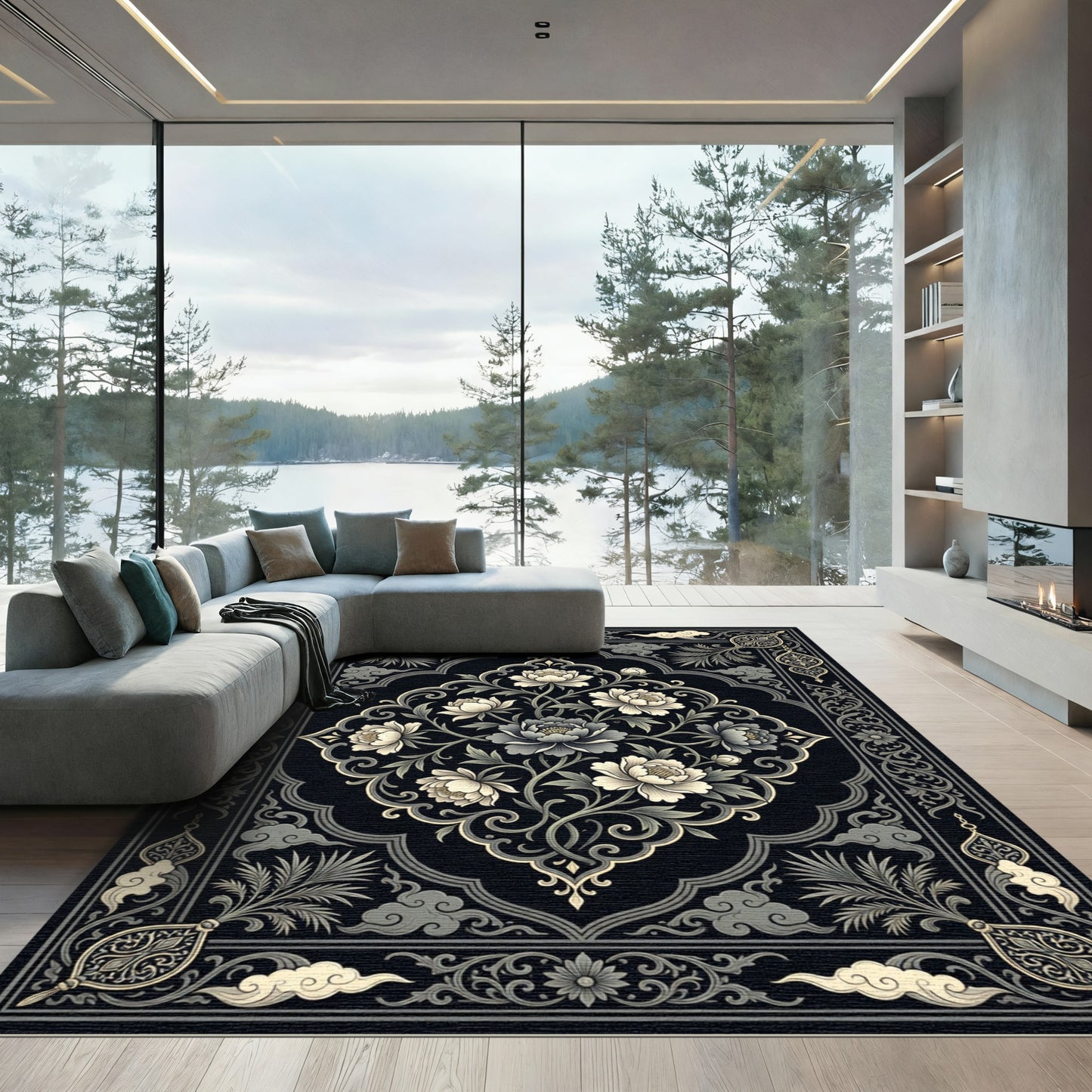 Traditional Black and Ivory Floral Medallion Rug