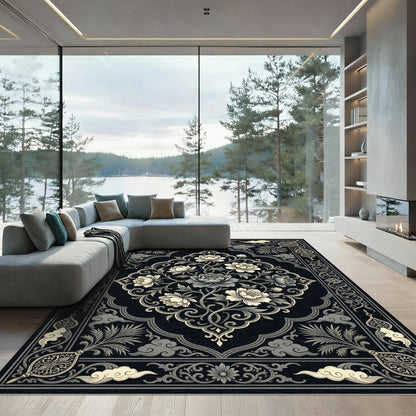 Traditional Black and Ivory Floral Medallion Rug