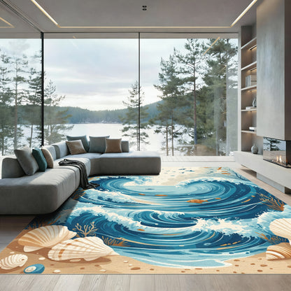 Dynamic Blue Ocean Waves With Fish Rug