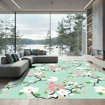 Pink Birds White Cherry Blossom Branch Rug