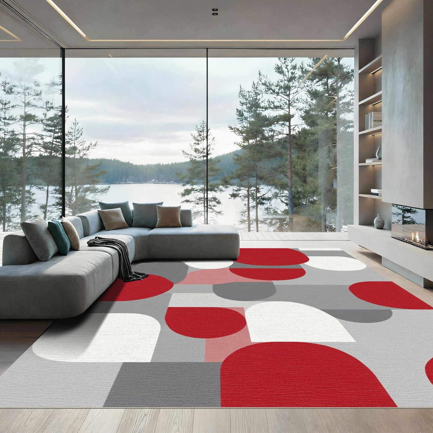 Red White Gray Abstract Geometric Shapes Rug