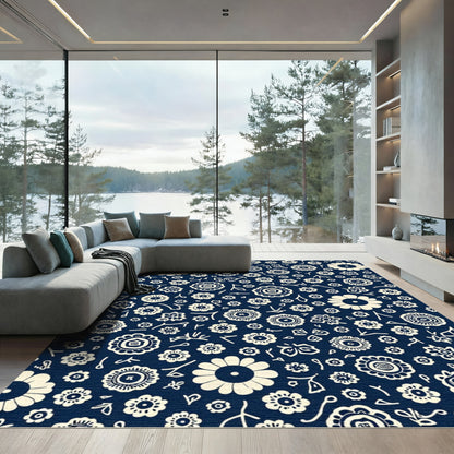 Cream Floral Collage Dark Navy Rug