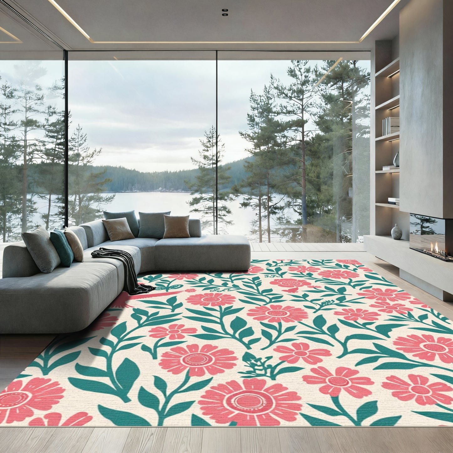 Coral Flowers Dark Teal Vines Birds Rug