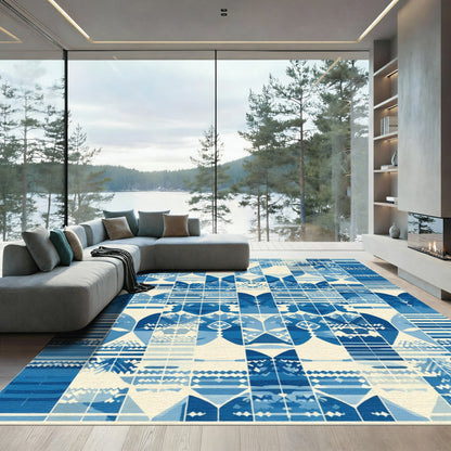 Abstract Blue Geometric Patchwork Rug