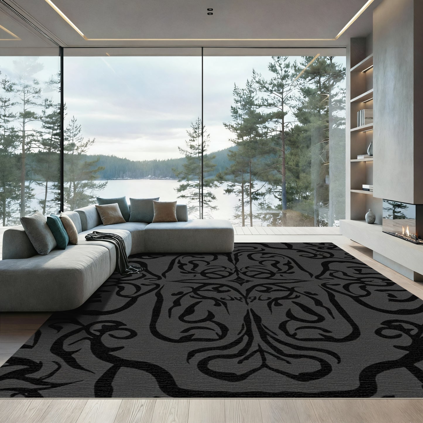 Dark Gray Ornate Swirl Medallion Rug