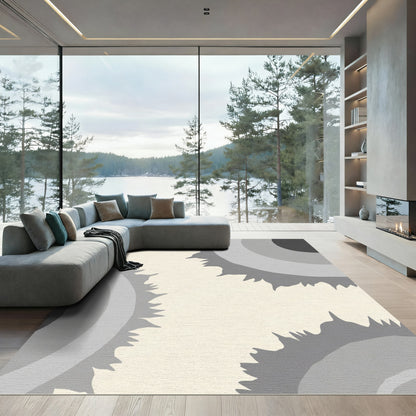 Modern Gray Sunburst Concentric Rings Rug