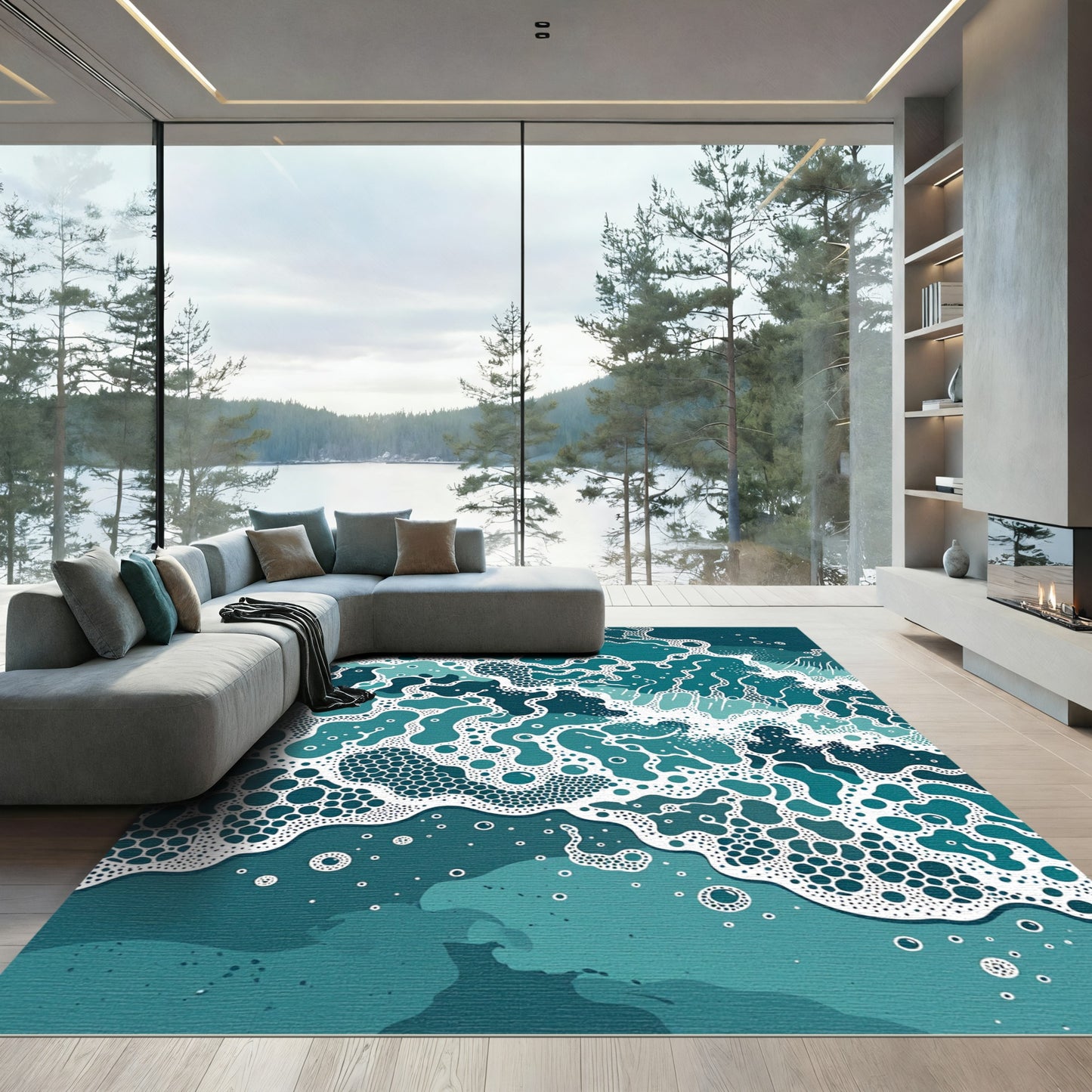 Abstract Teal Oceanic Foam Ripples Rug