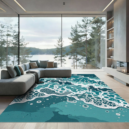 Abstract Teal Oceanic Foam Ripples Rug
