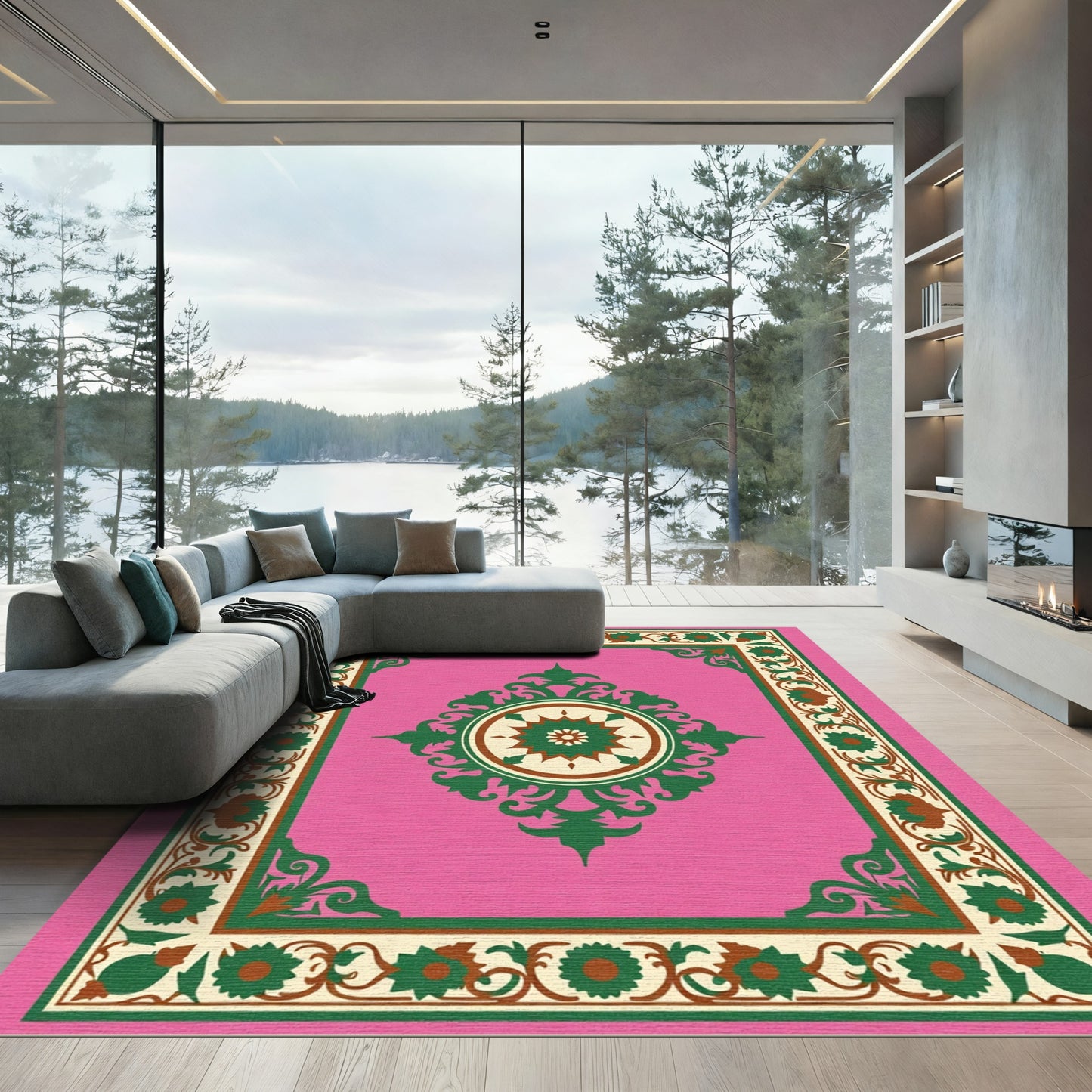 Pink Green Floral Medallion Border Rug
