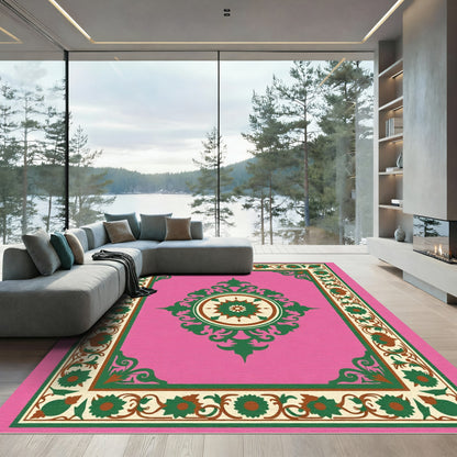 Pink Green Floral Medallion Border Rug