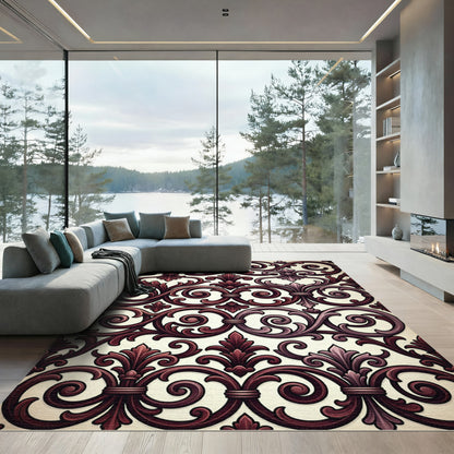 Elegant Burgundy Scrollwork Damask Rug