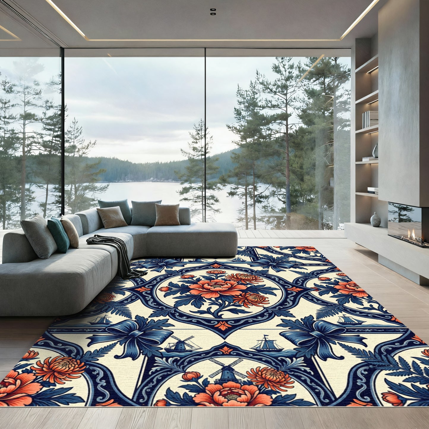 Coral Floral Navy Nautical Medallion Rug