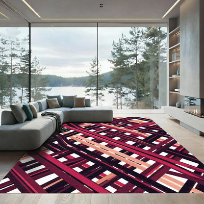 Abstract Burgundy and Peach Crosshatch Lines Rug