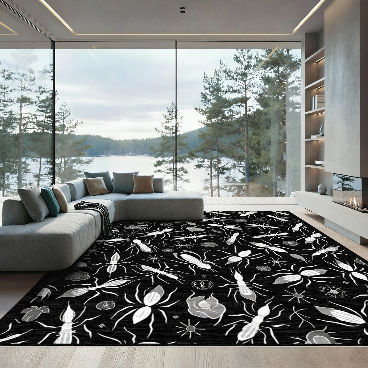 Monochromatic Insect Floral Scatter Rug
