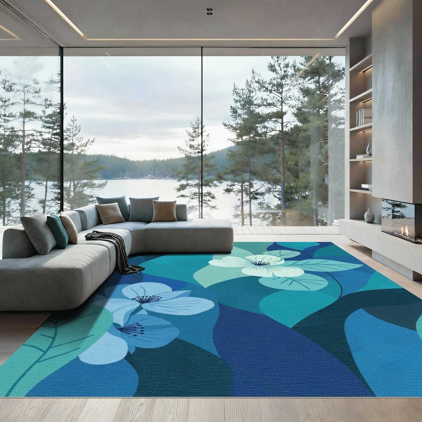 Deep Blue Floral Impressionist Rug