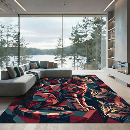 Geometric Tabby Cats Red Teal Collage Rug