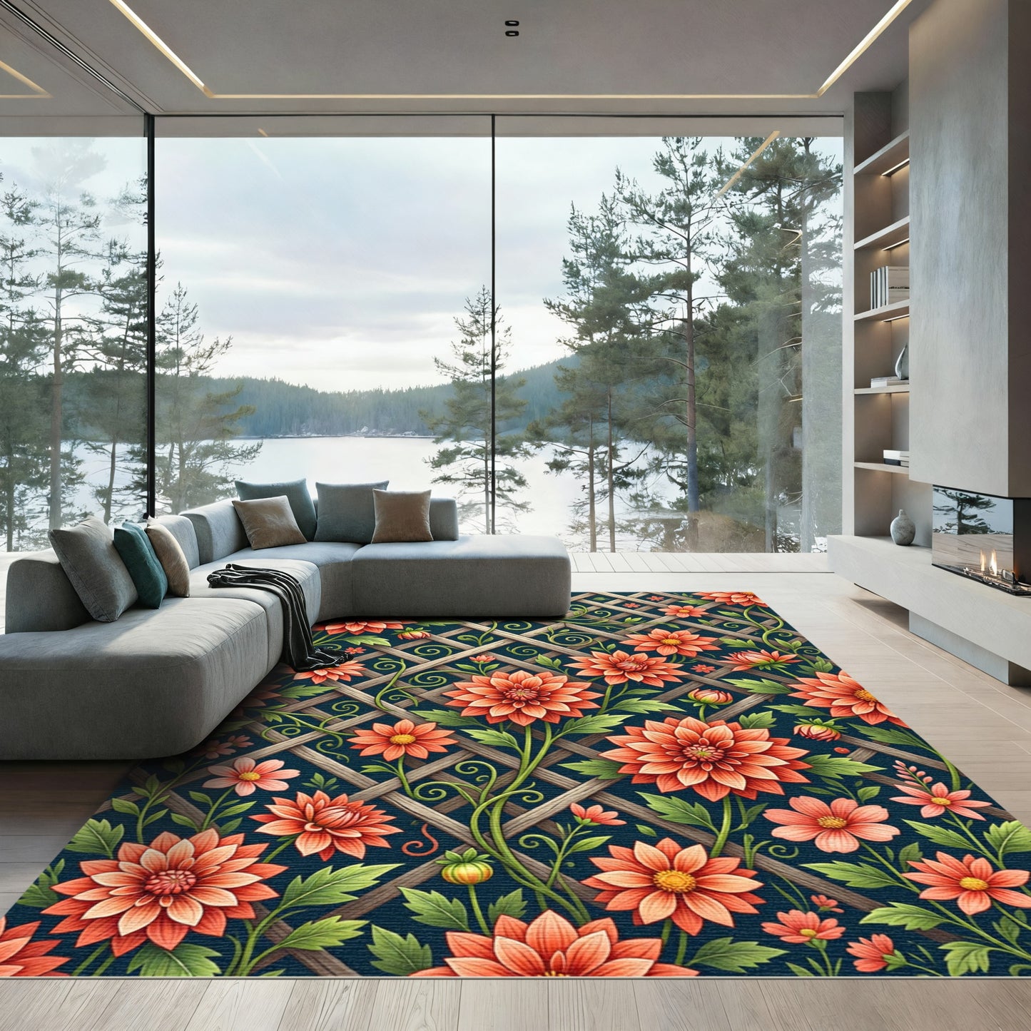 Coral Dahlia Floral Lattice Background Rug