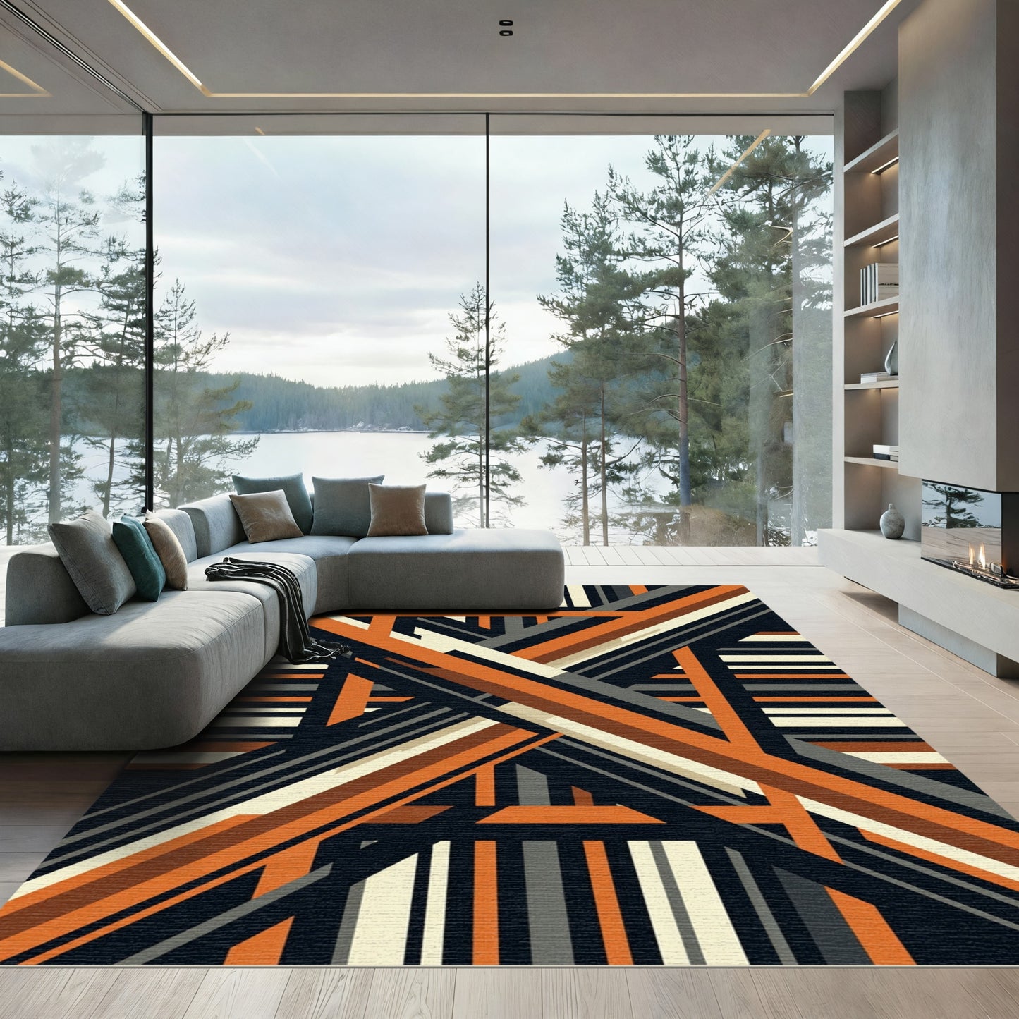 Modern Abstract Ochre and Charcoal Geometric Rug