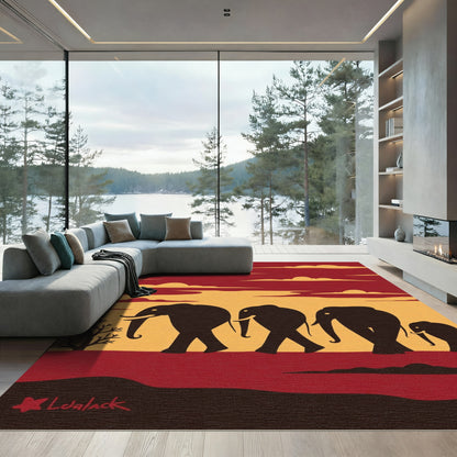 Crimson Yellow Elephant Herd Migration Rug