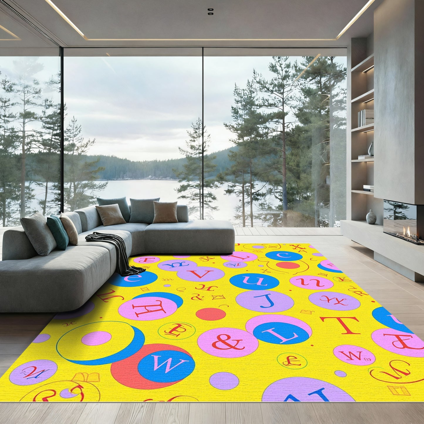 Yellow Alphabet Circles Design Rug