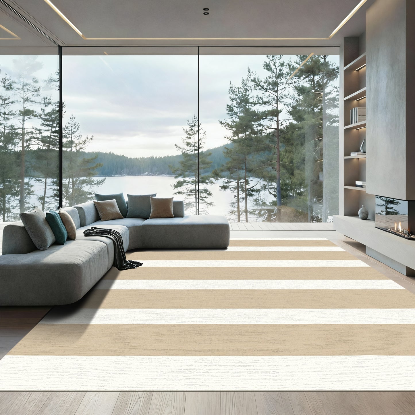 Earthy Taupe White Striped Rug