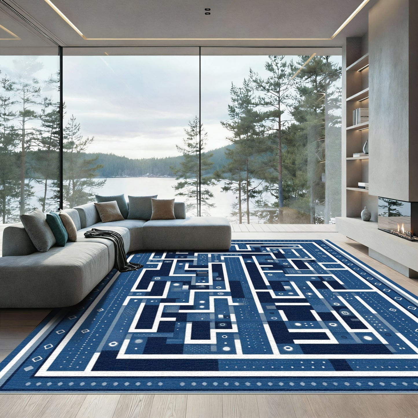 Deep Blue Geometric Maze Rug