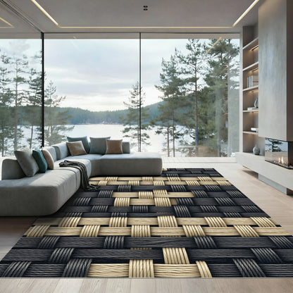 Modern Woven Cream and Charcoal Grid Rug