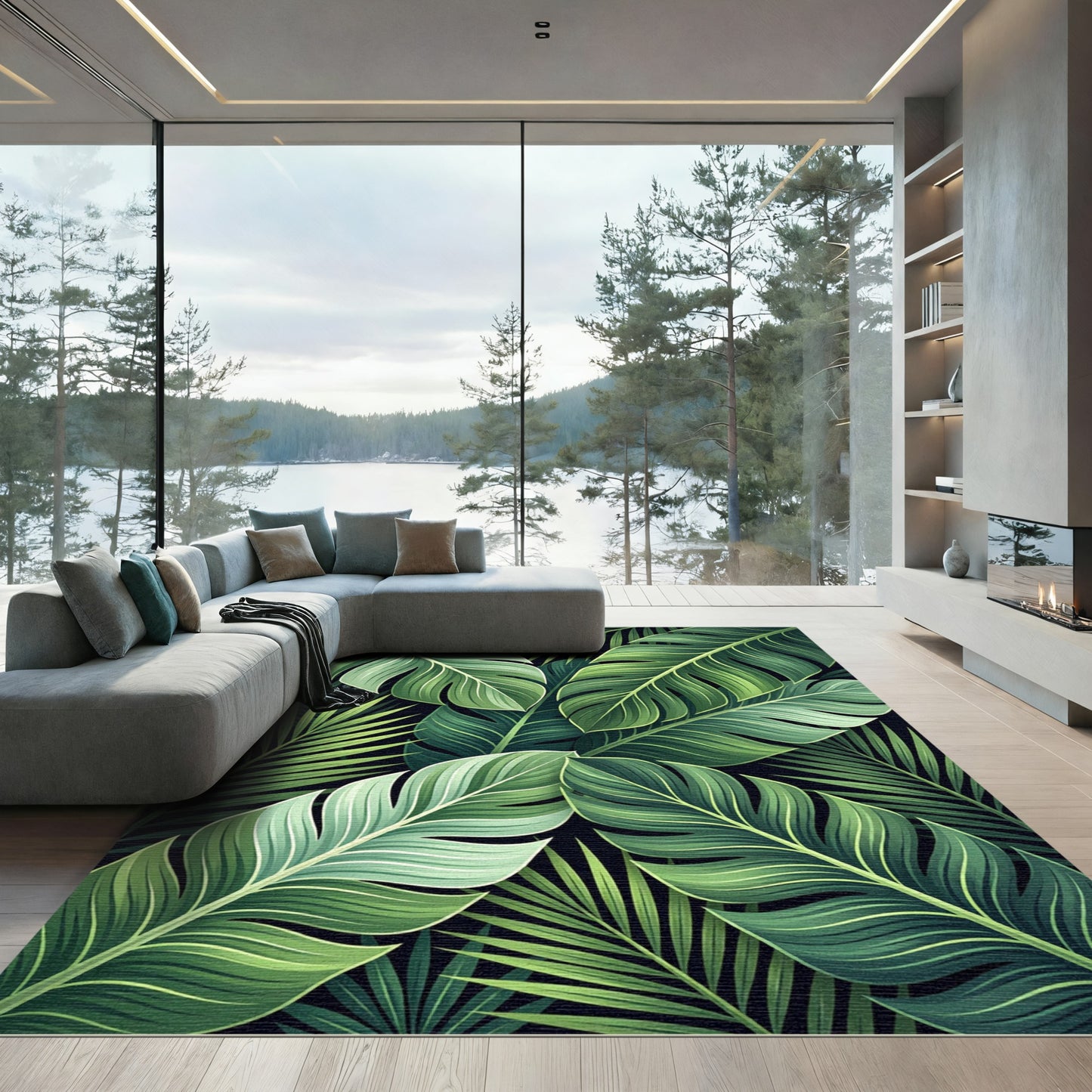 Vibrant Emerald Leaves Tropical Arrangement Rug
