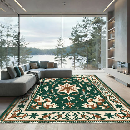 Earthy Cream and Green Floral Medallion Rug