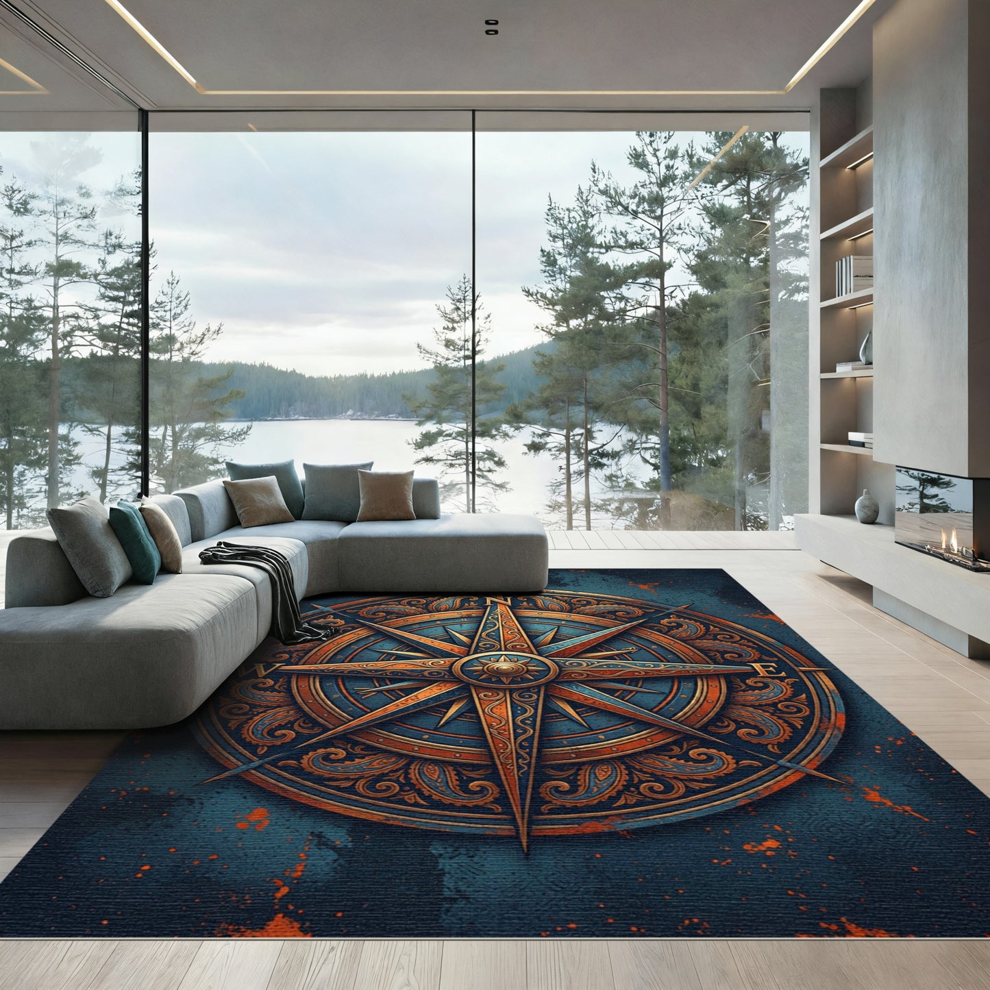 Ornate Blue Orange Compass Rose Rug