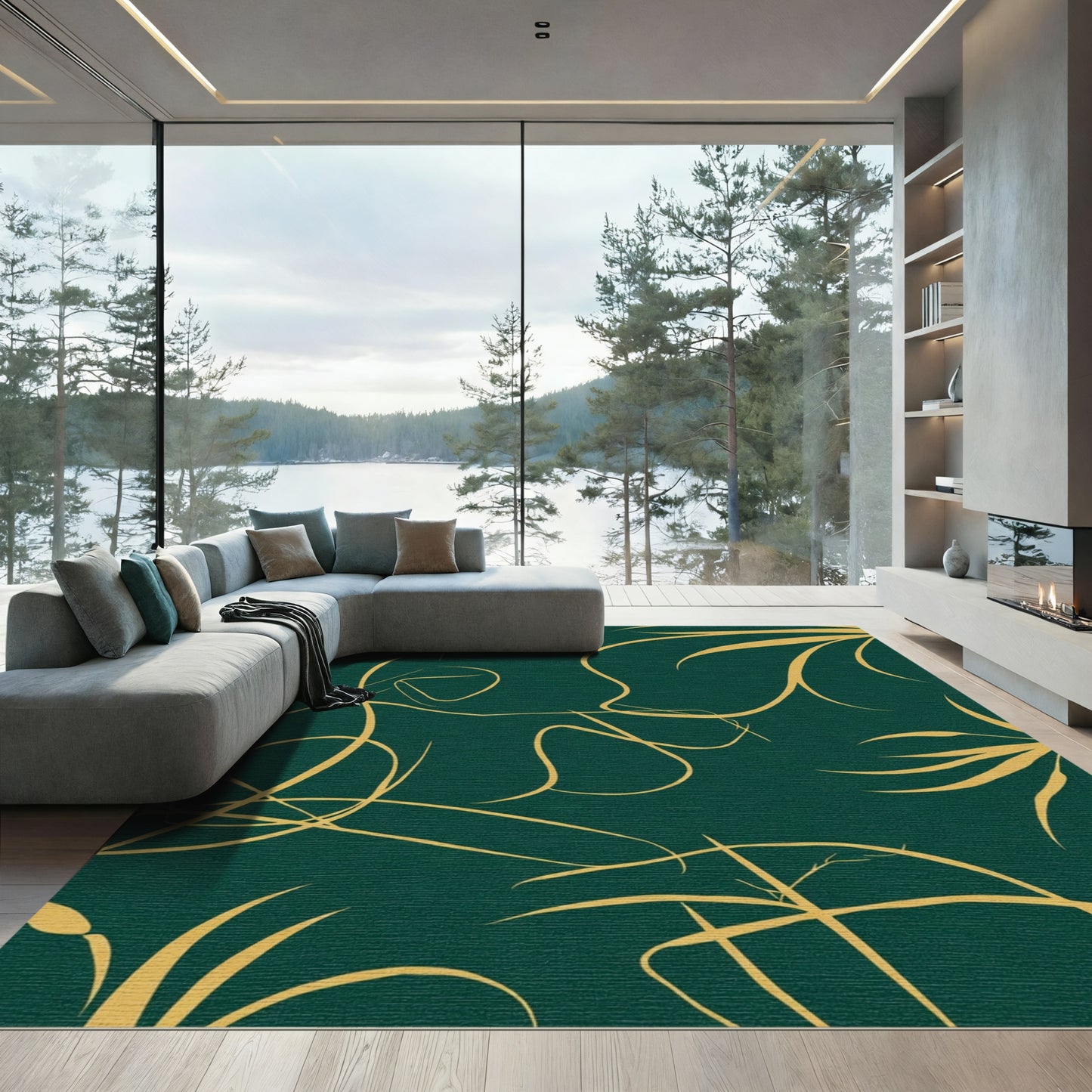 Golden Swirls Deep Emerald Vines Rug