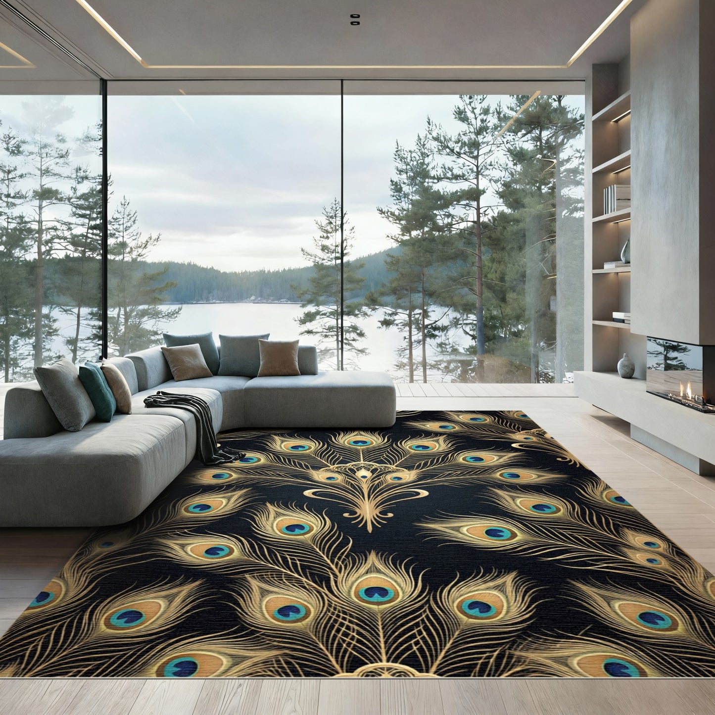 Gilded Peacock Feather Art Deco Overlay Rug