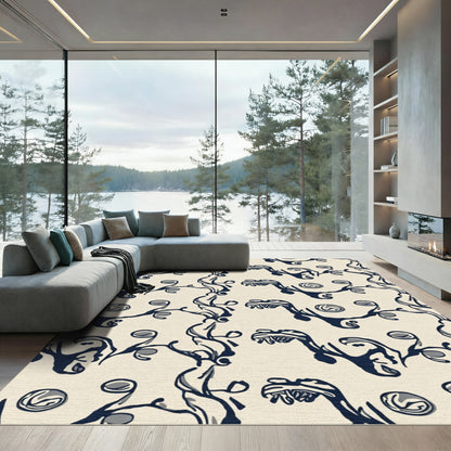 Dark Blue Swirling Branches Abstract Rug