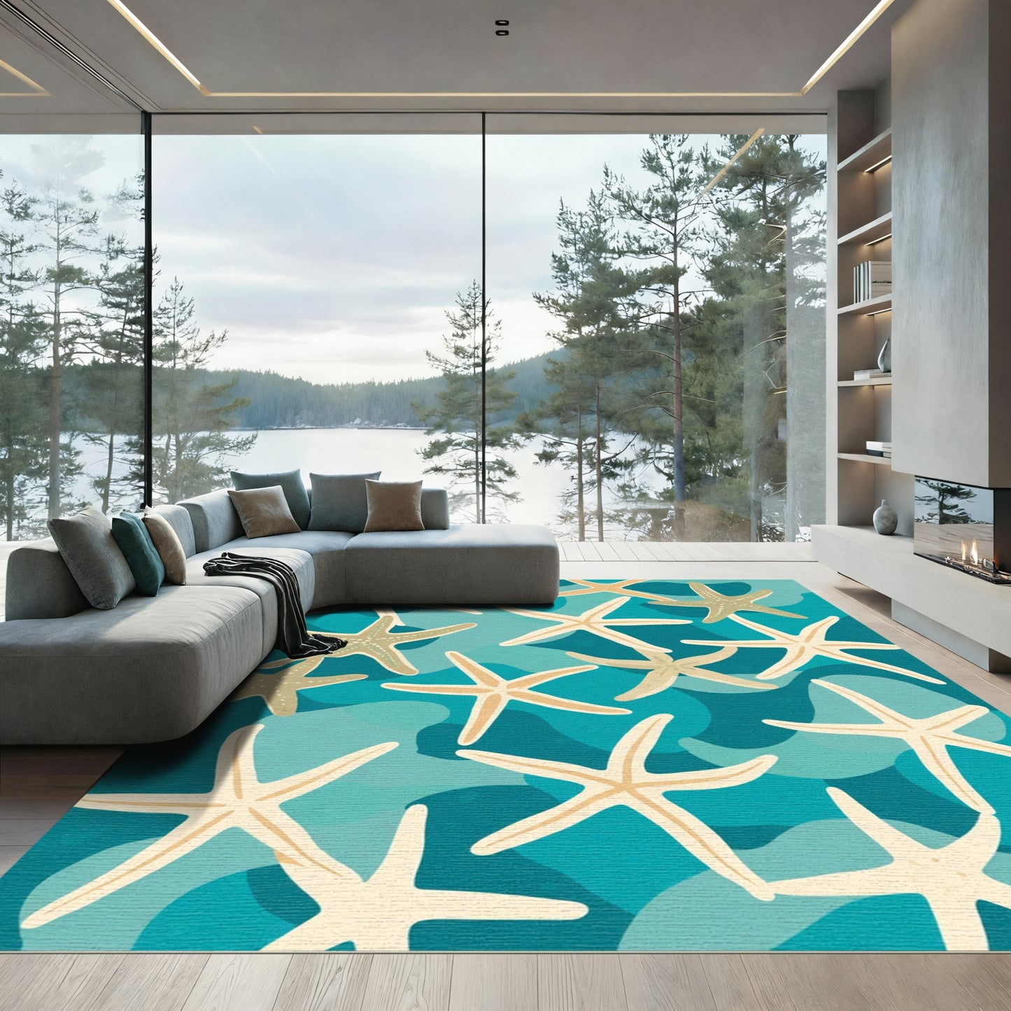 Coastal Starfish On Blue Waves Rug