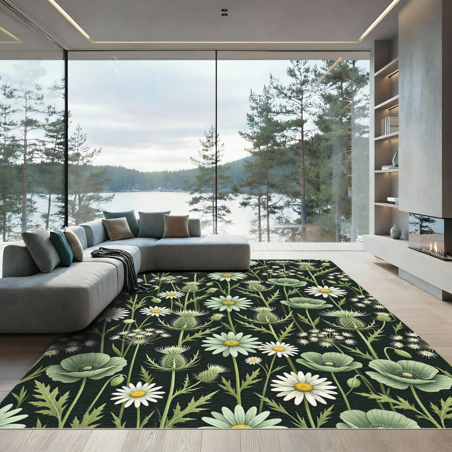 Dark Botanical Wildflower Meadow Illustration Rug