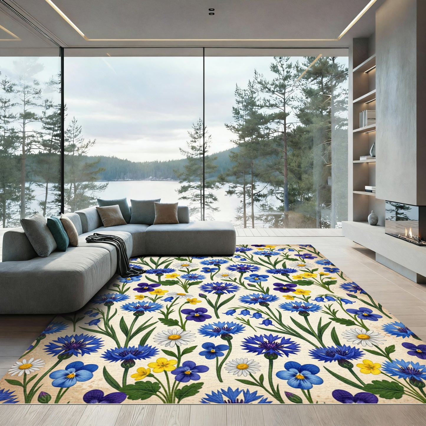 Blue Cornflower Meadow Floral Collage Rug
